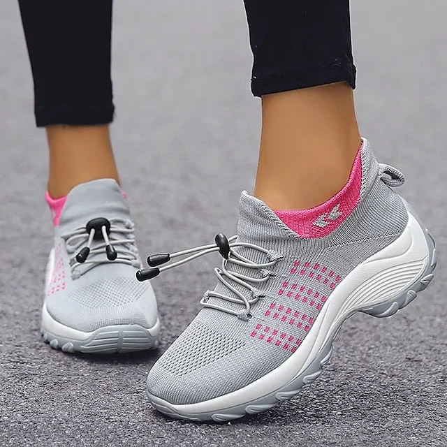 Purpdrank - Women's Sneakers Hiking Boots Flyknit Shoes Outdoor Rivet Flat Heel Round Toe Sporty Casual Hiking Shoes Elastic Fabric Lace-up Color Block Wine Black / White Pink / Grey
