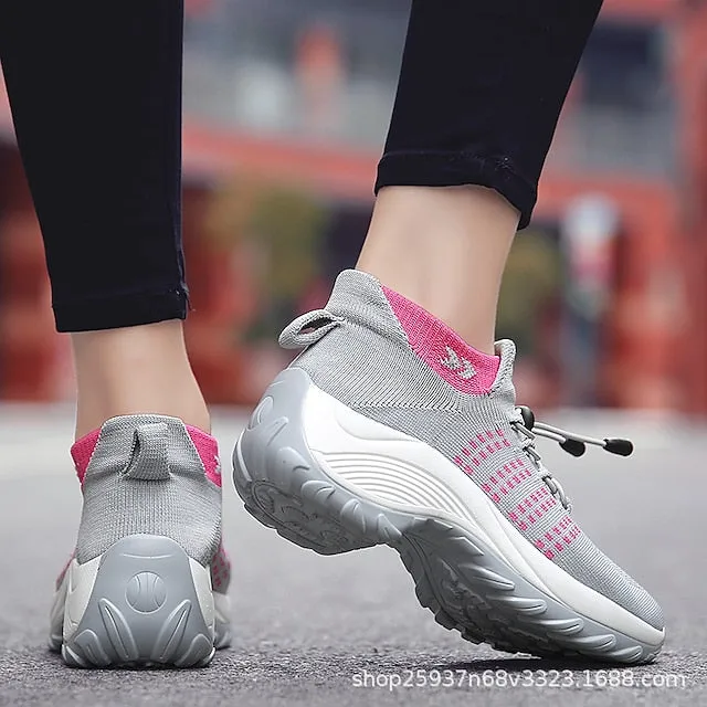 Purpdrank - Women's Sneakers Hiking Boots Flyknit Shoes Outdoor Rivet Flat Heel Round Toe Sporty Casual Hiking Shoes Elastic Fabric Lace-up Color Block Wine Black / White Pink / Grey