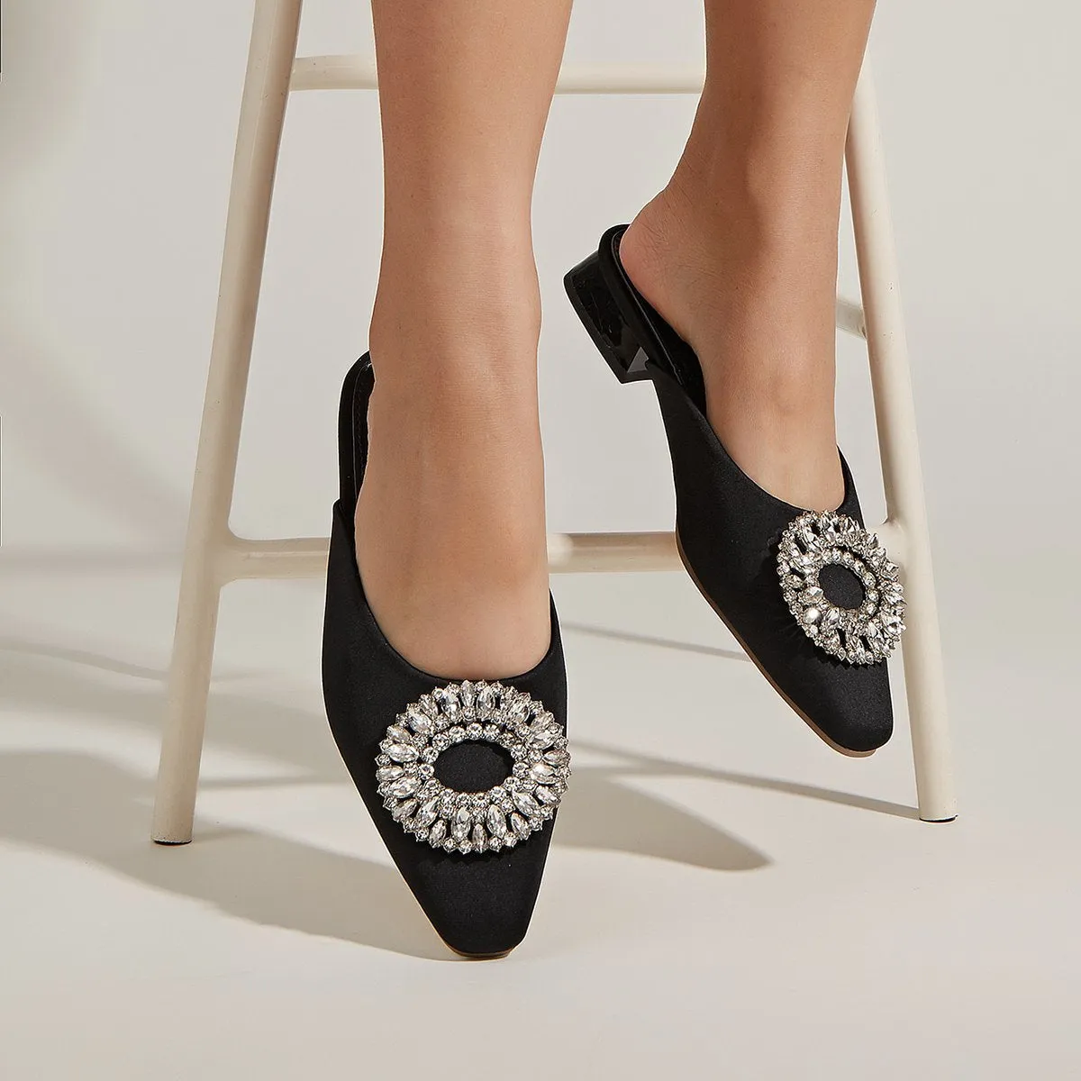 Rhinestone Buckle Square Toe Flat
