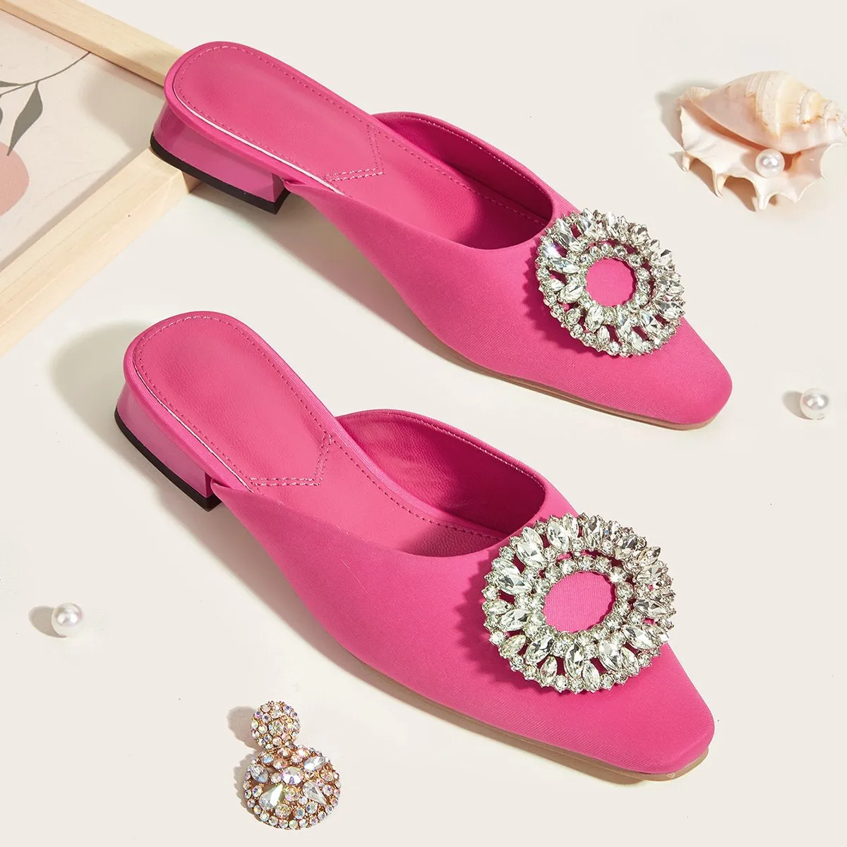 Rhinestone Buckle Square Toe Flat