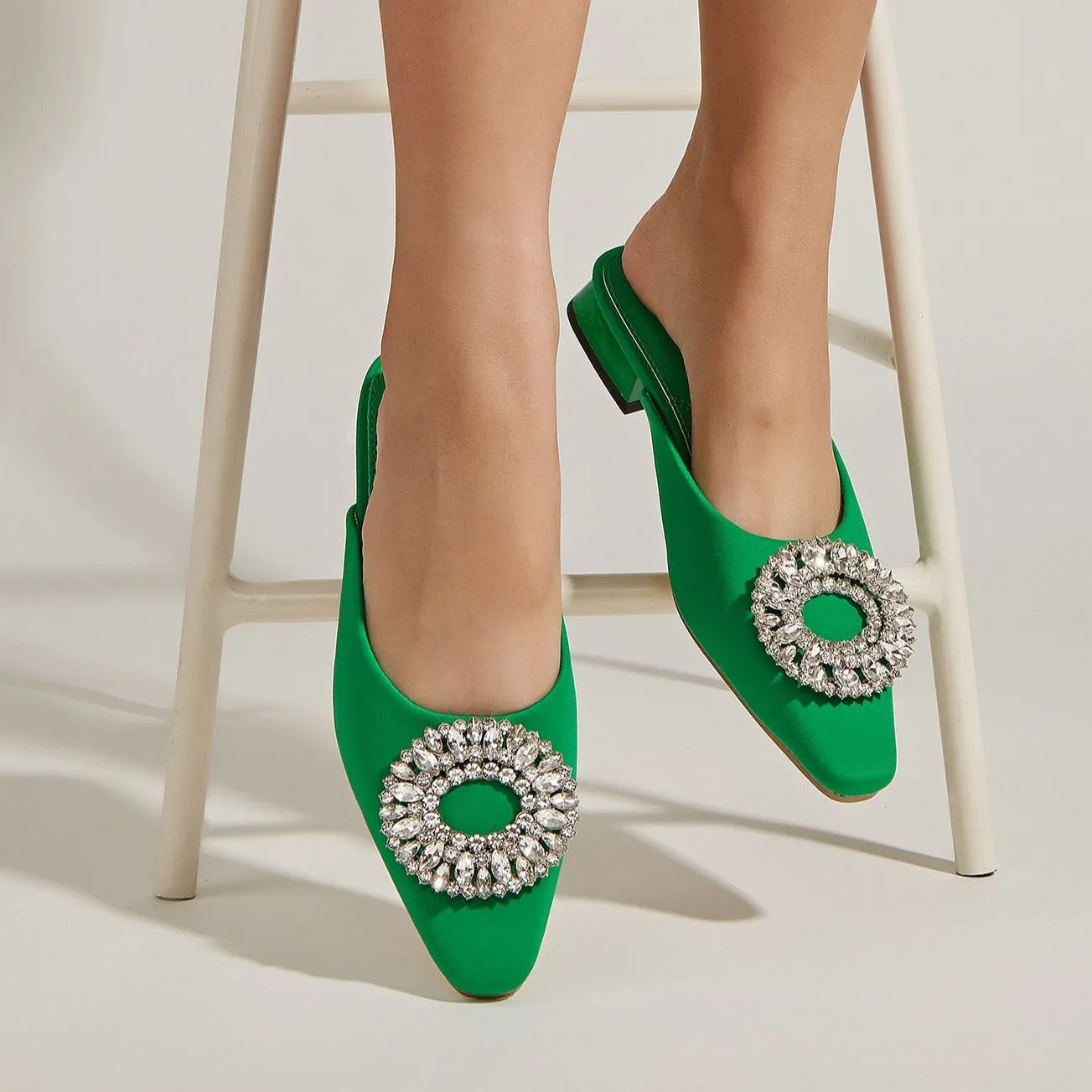 Rhinestone Buckle Square Toe Flat