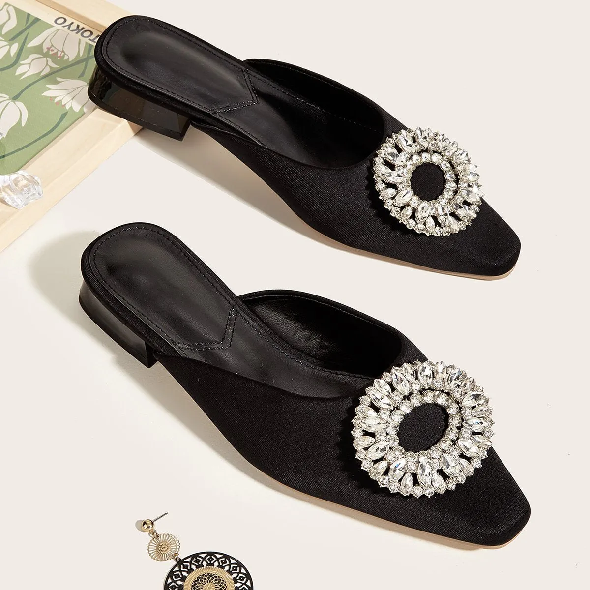 Rhinestone Buckle Square Toe Flat