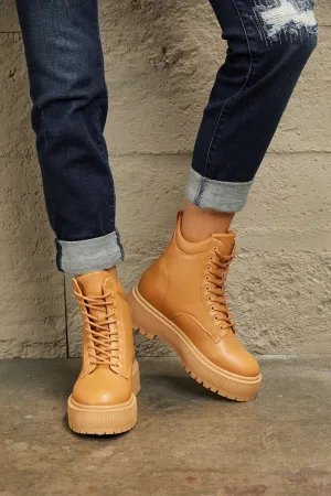 Vegan Leather Platform Combat Boots in Caramel