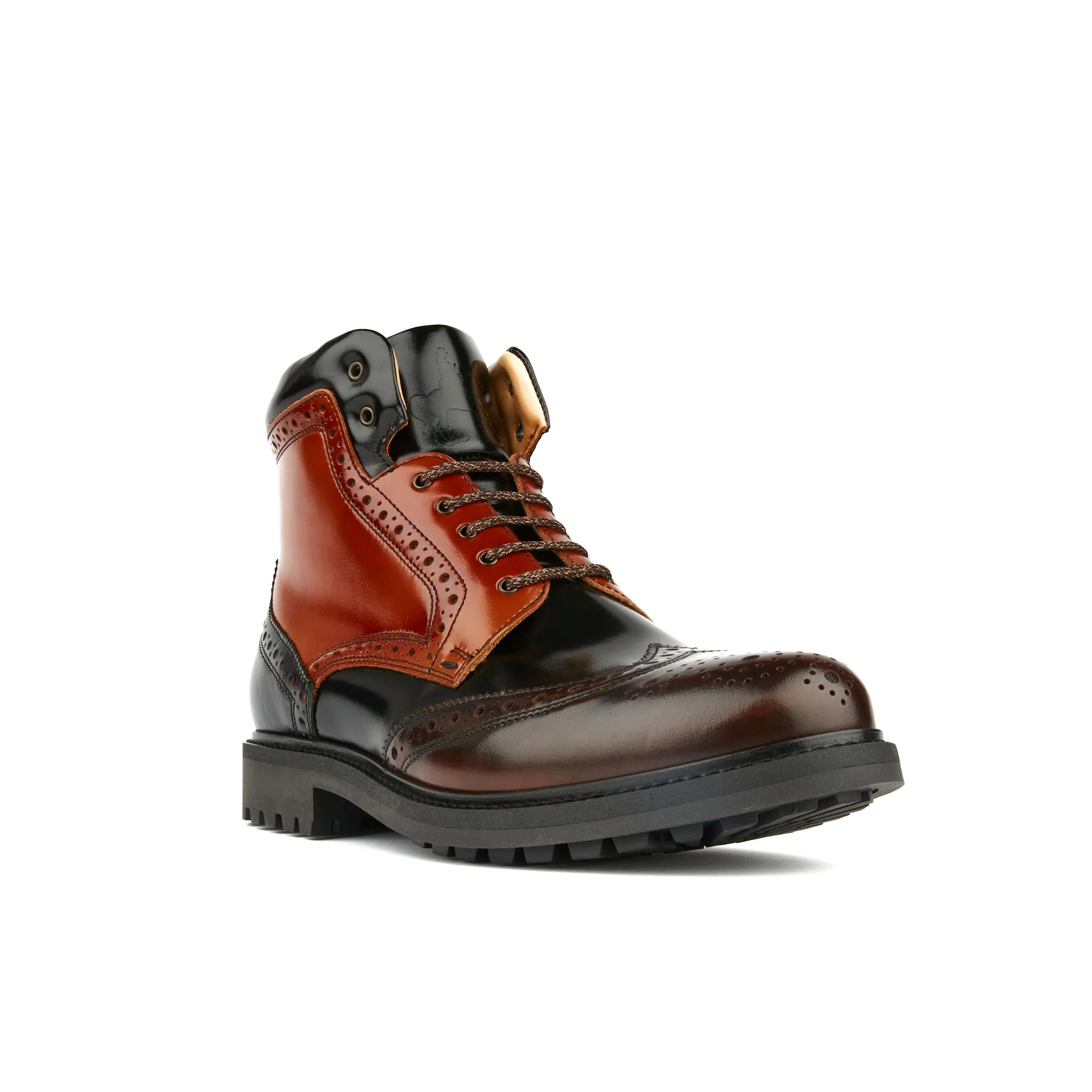 Wanderer - Black Brown - Men's chunky combat style boot in black and brown leather