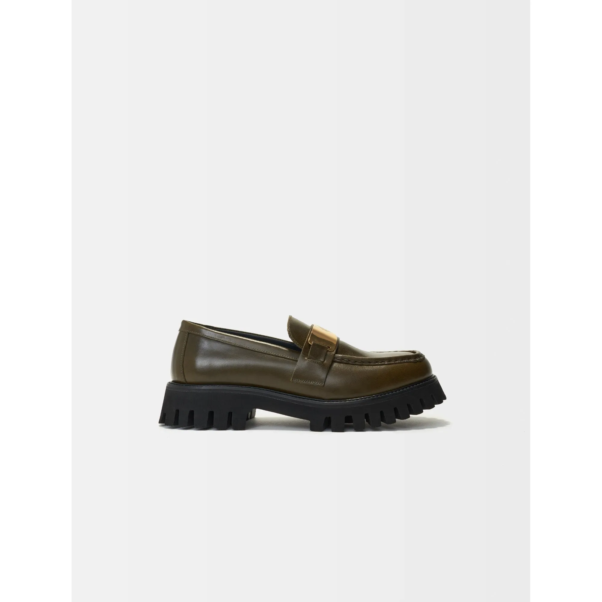 Women Leather Platform Loafers - Khaki
