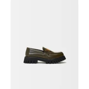 Women Leather Platform Loafers - Khaki