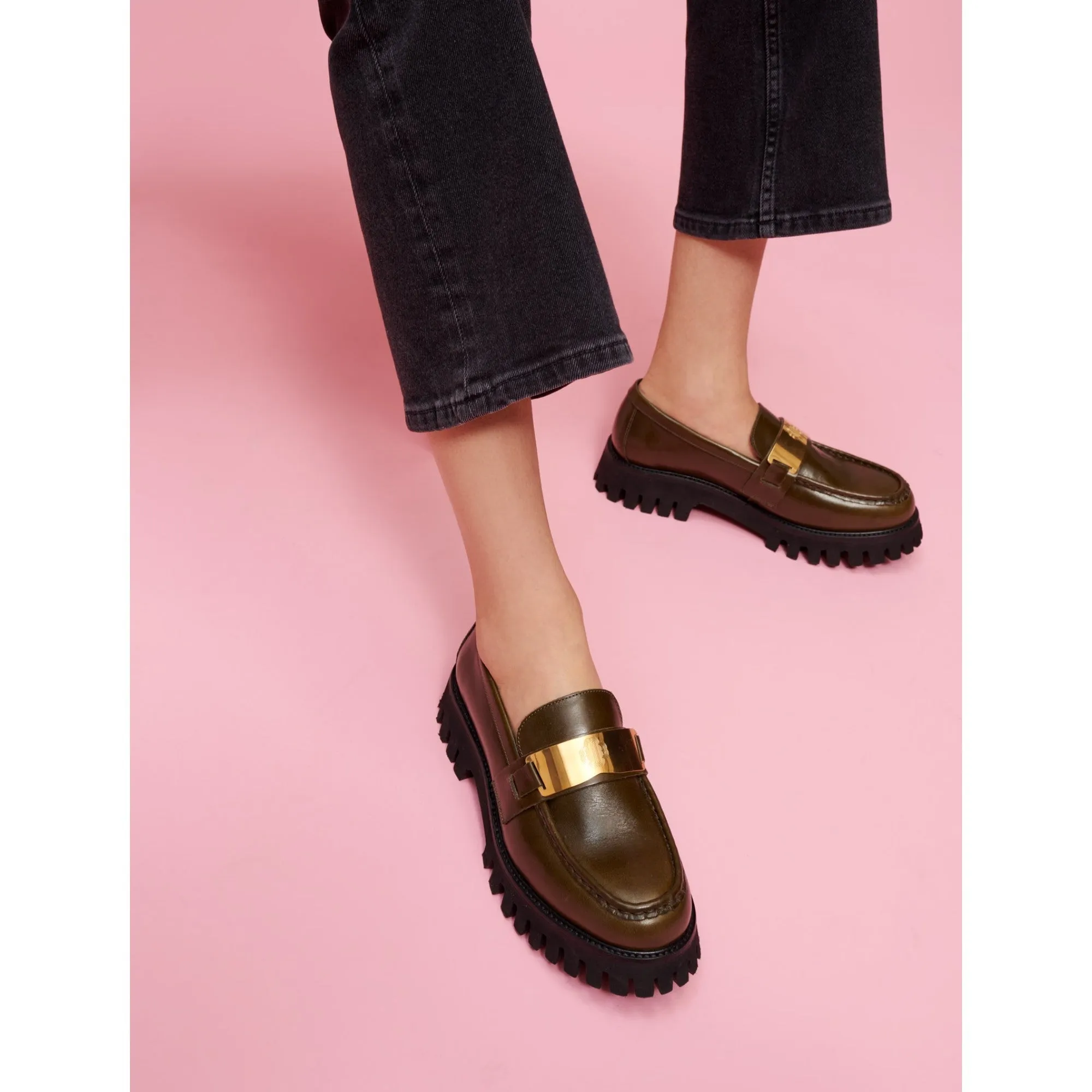 Women Leather Platform Loafers - Khaki
