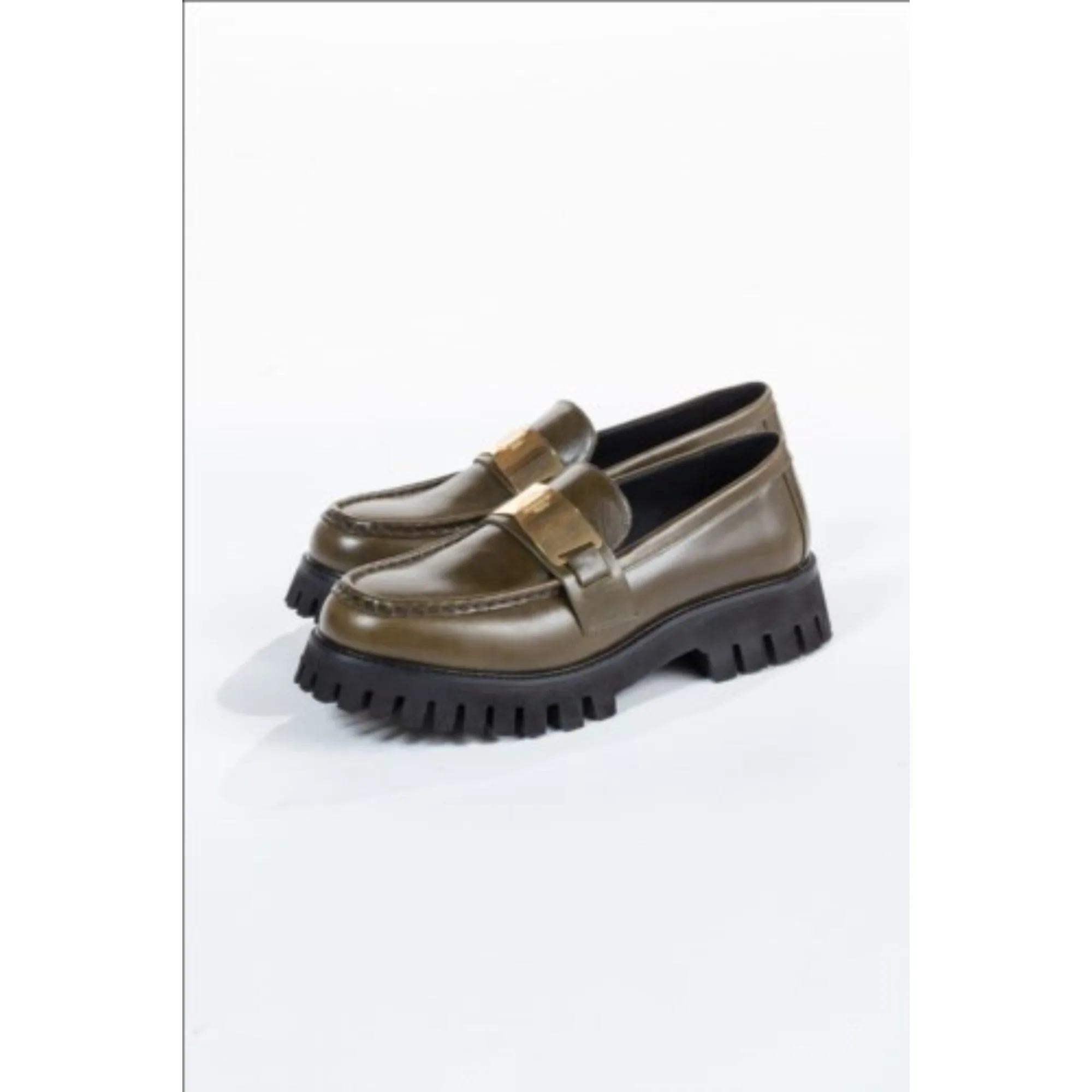Women Leather Platform Loafers - Khaki