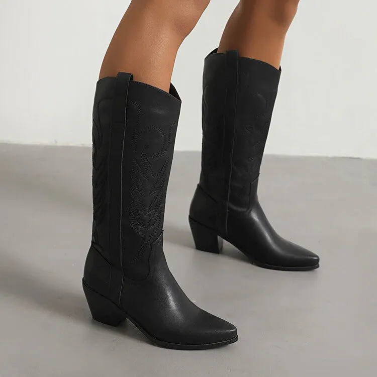 Women Western Cowboy Pointed Toe Knee High Pull On Tabs Boots