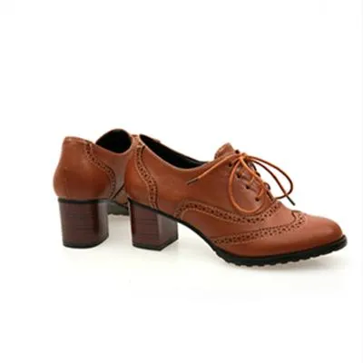Women's chunky mid-heel brogue oxfords shoes font lace loafers
