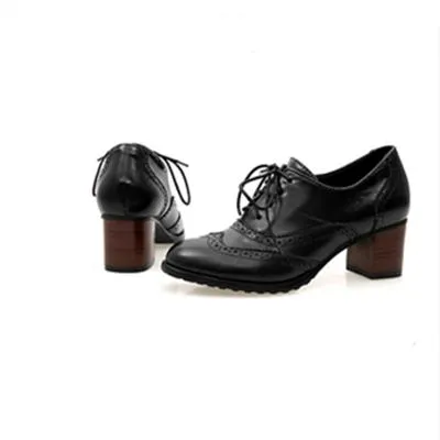 Women's chunky mid-heel brogue oxfords shoes font lace loafers