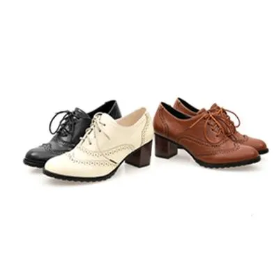 Women's chunky mid-heel brogue oxfords shoes font lace loafers