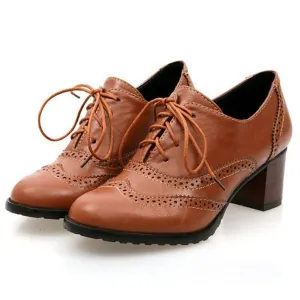 Women's chunky mid-heel brogue oxfords shoes font lace loafers