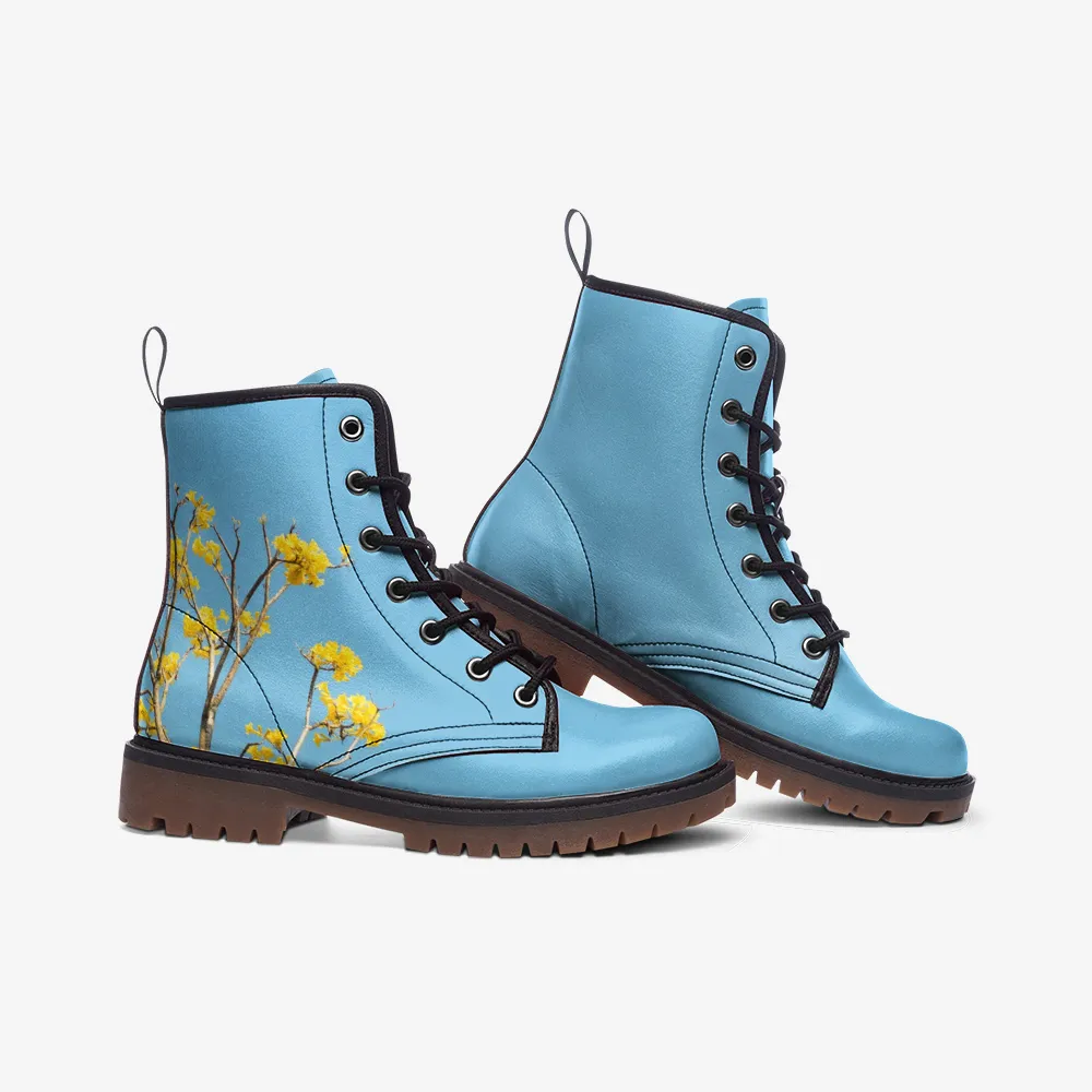 Yellow Flower & Sky Blue Lace Up Boots